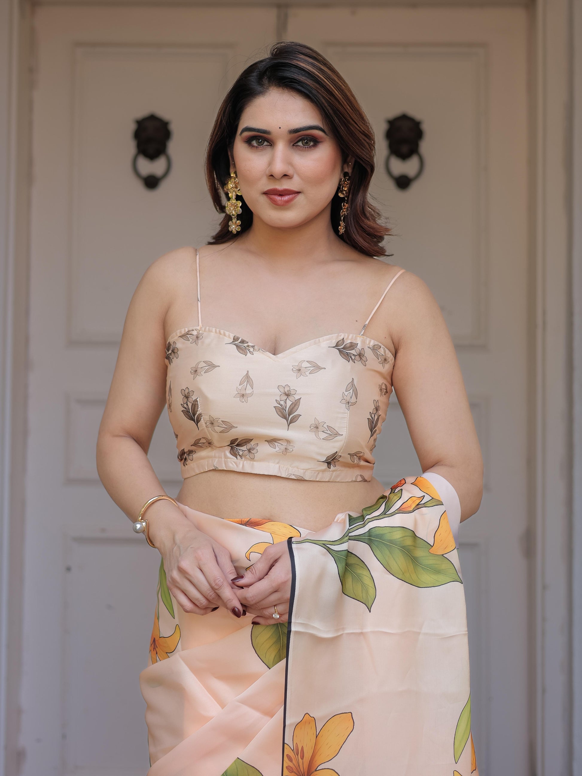 Peach Satin Georgette Floral Printed Saree with Designer Blouse for Women | Elegant Party Wear Saree