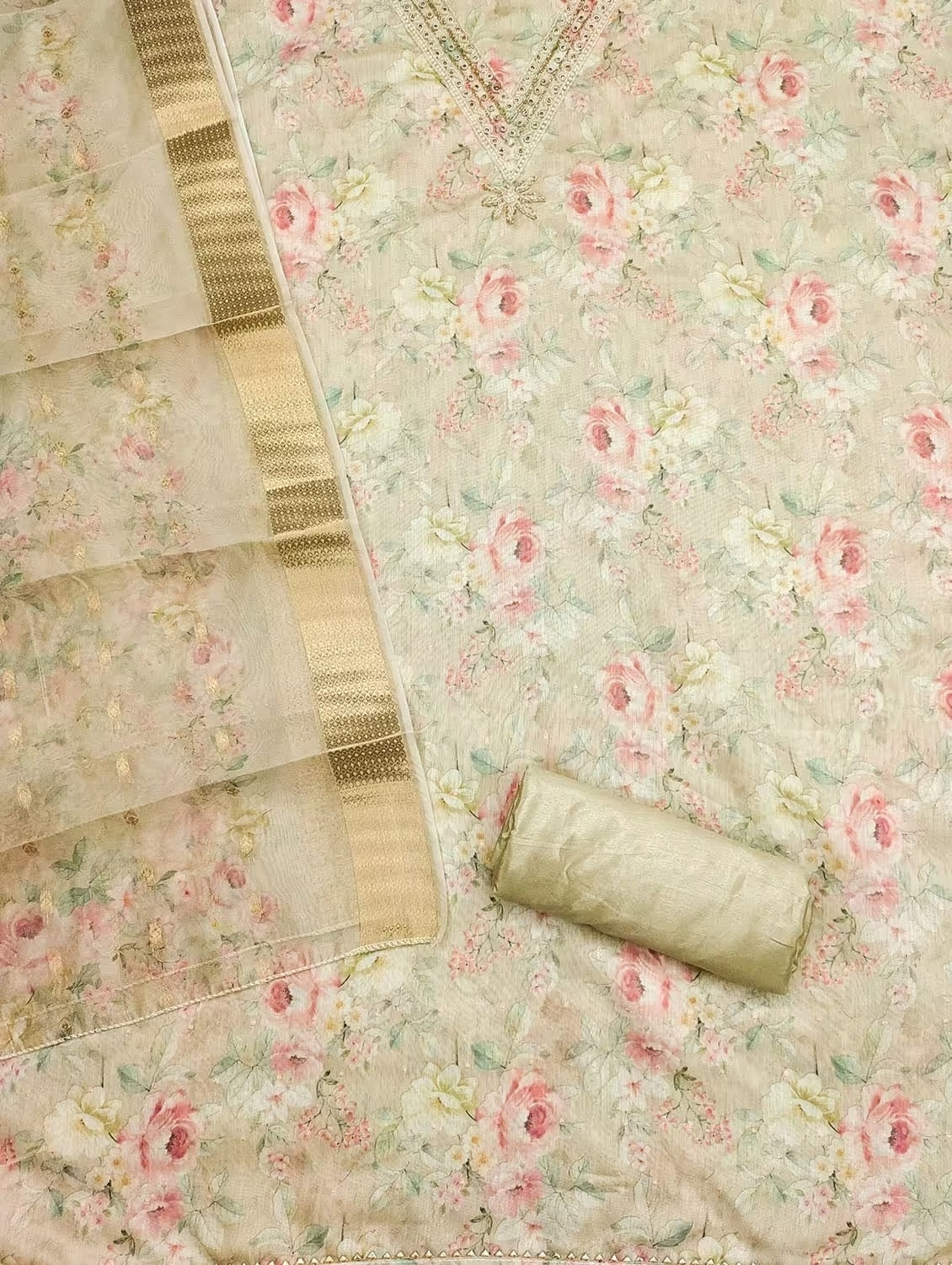 Heavy Modal Floral Print Dress Material Set with Khatli Work for Women with Santoon Bottom & Inner and Banarasi Jacquard Digital Print Dupatta