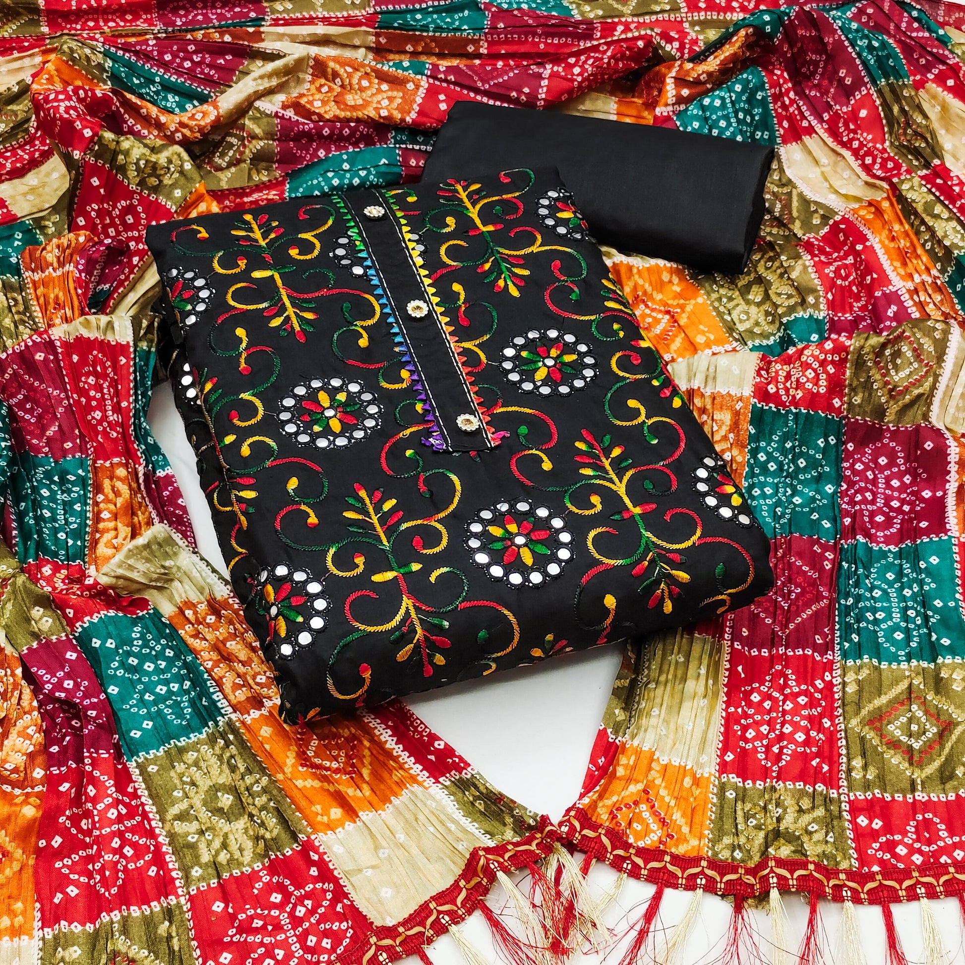 Cotton Dress Material Set for Women with Chinon Bandhani Print Dupatta | Unstitched Salwar Suit Fabric (Top 1.9m, Bottom 2m, Dupatta 2.1m)