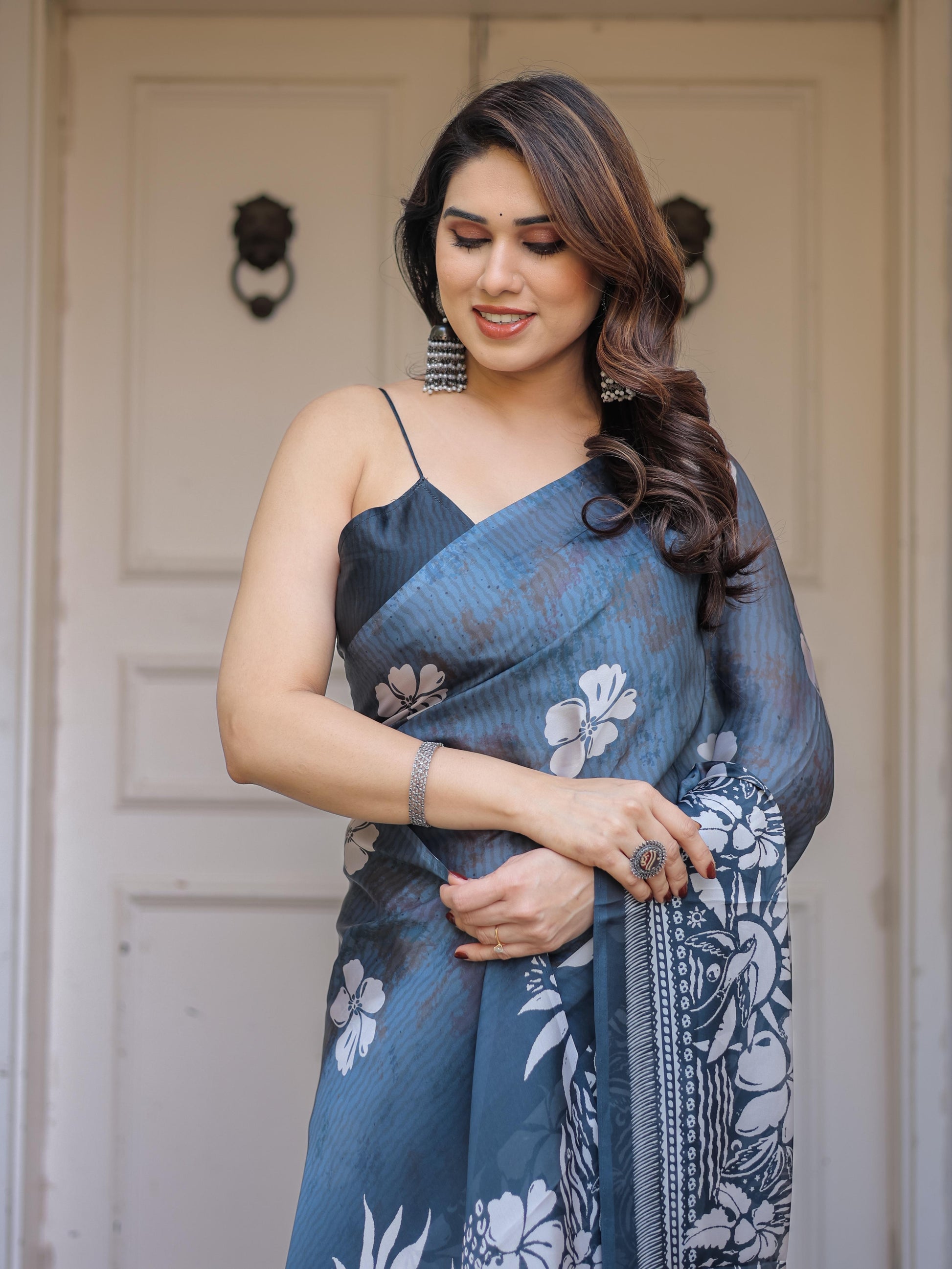 Steel Blue Satin Georgette Floral Printed Saree with Designer Blouse for Women | Elegant Party Wear Saree