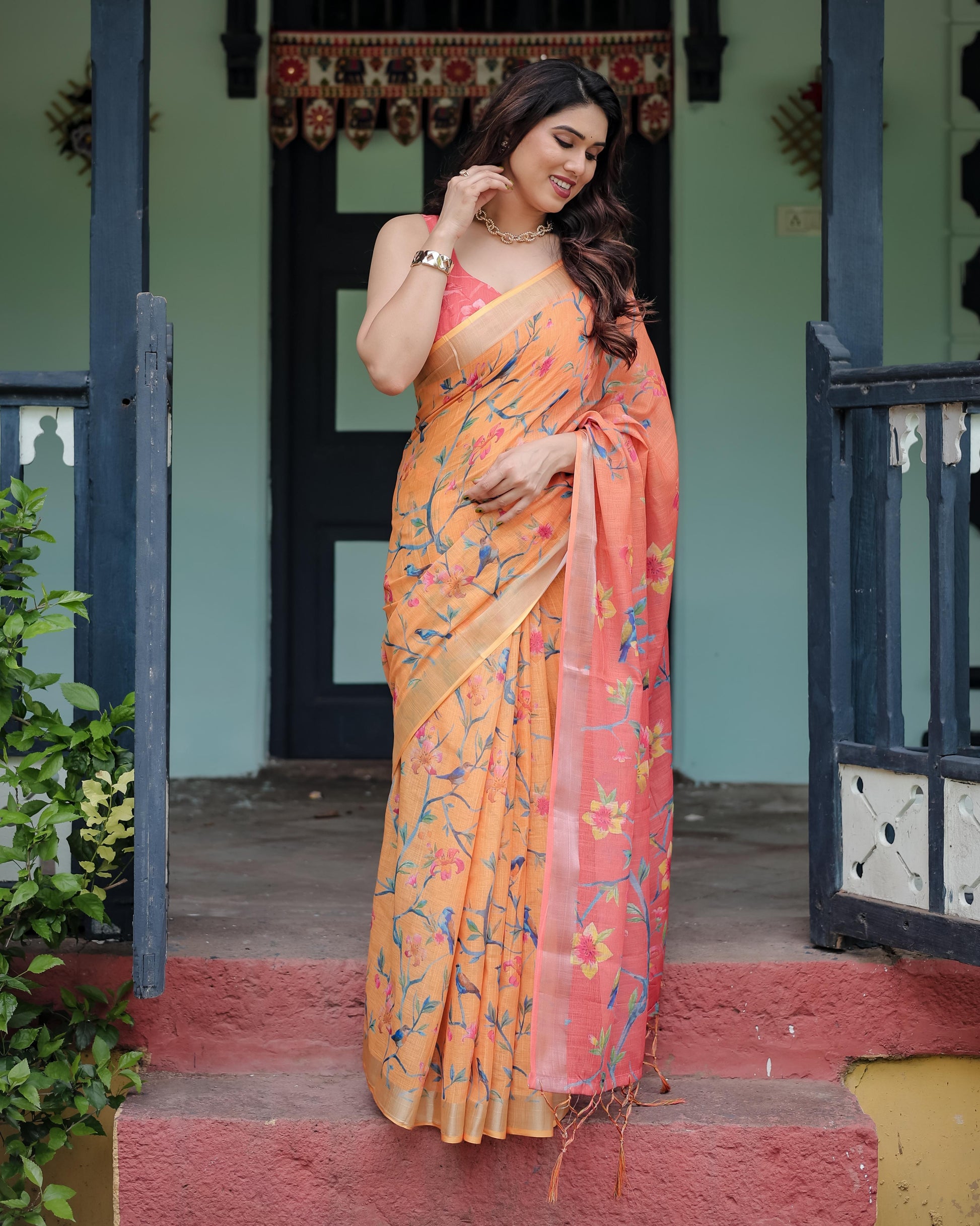 Peach and Orange Pure Cotton Linen Saree with Floral and Bird Print And Tassel Detailing With Unstitched Blouse