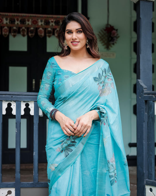 Aqua Blue Pure Cotton Linen Saree with Floral Design And Tassel Detailing With Unstitched Blouse