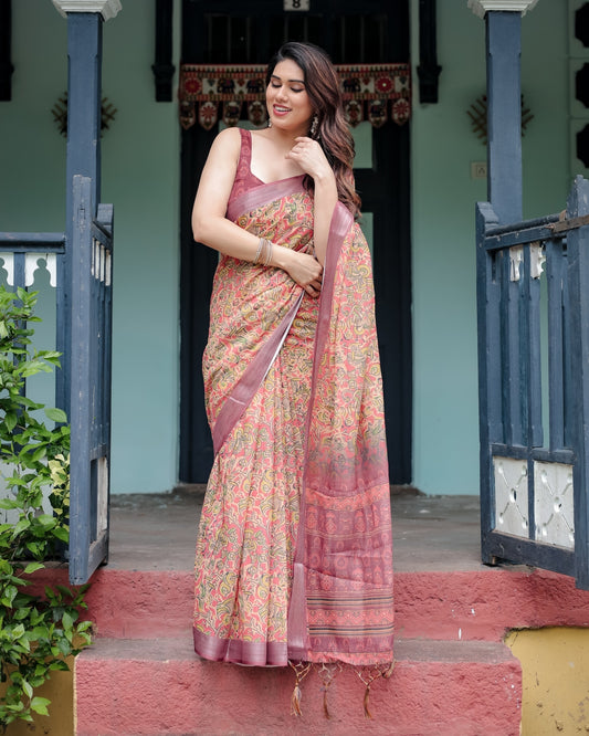 Beige and Rust Pure Cotton Linen Saree with Tribal Block Print And Tassel Detailing With Unstitched Blouse