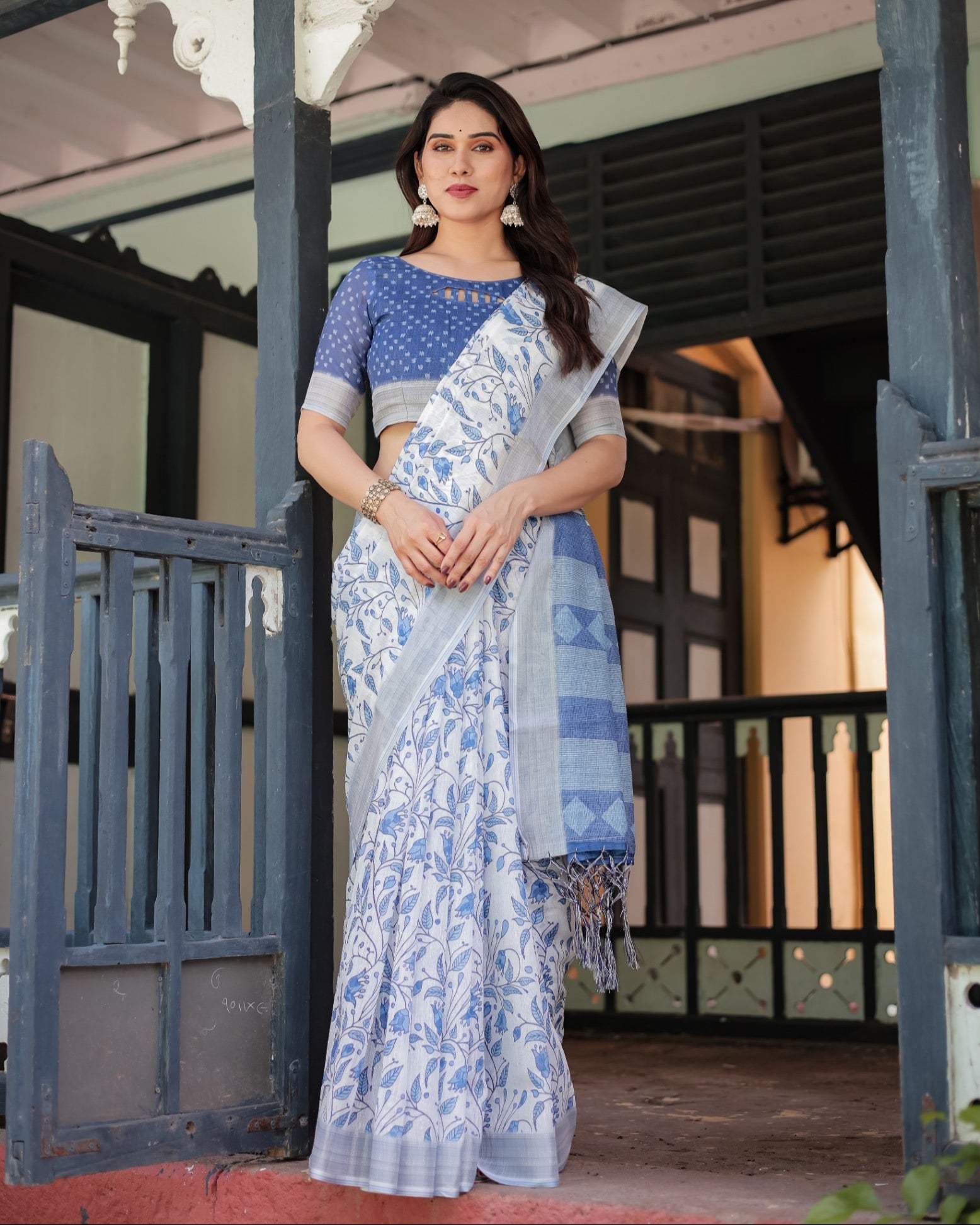 Blue and White Floral Pure Cotton Linen Saree and Tassels With Unstitched Blouse