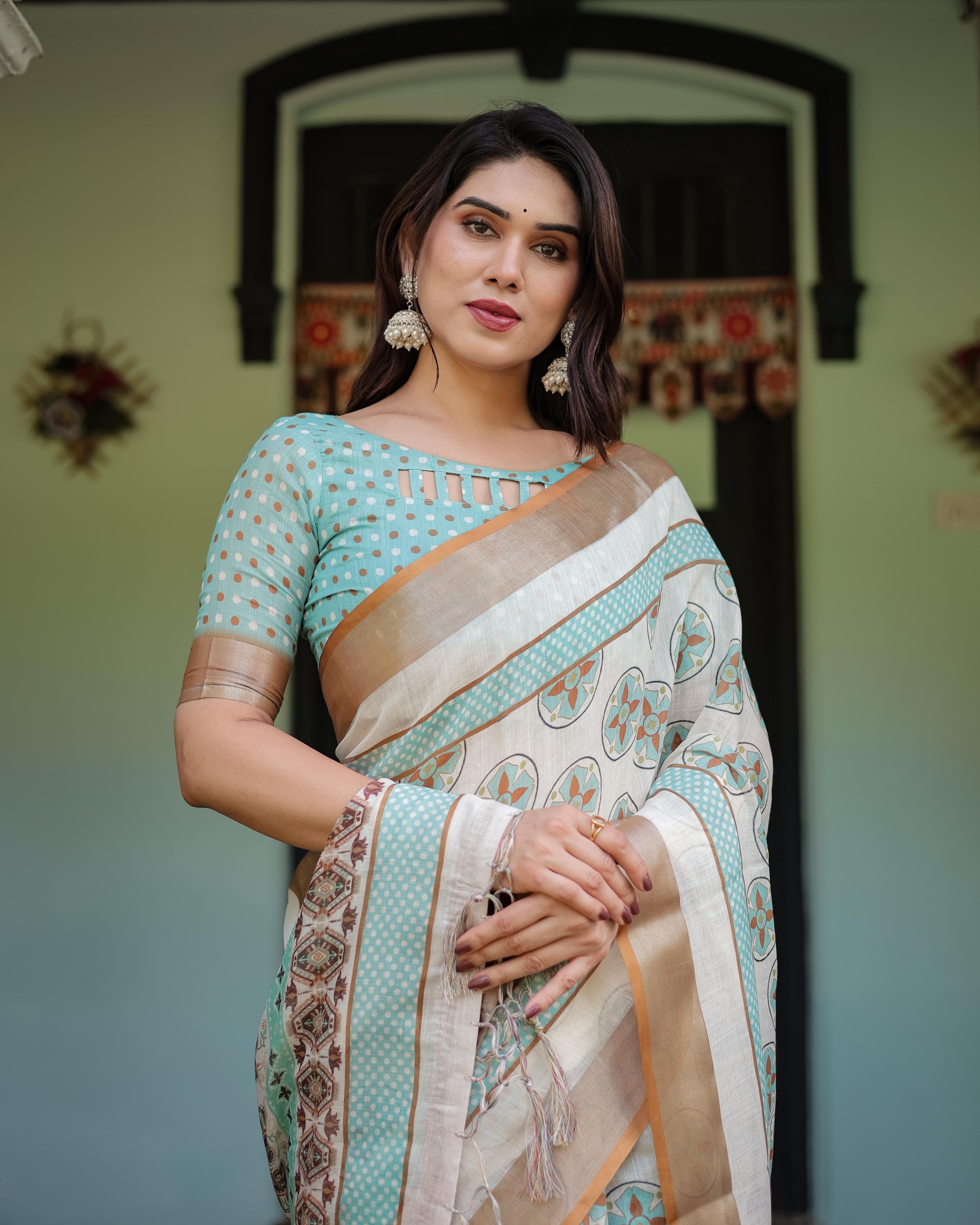 Beige With Aqua Pure Cotton Linen Saree Geometric Floral Design and Tassels on Edges With Unstitched Blouse