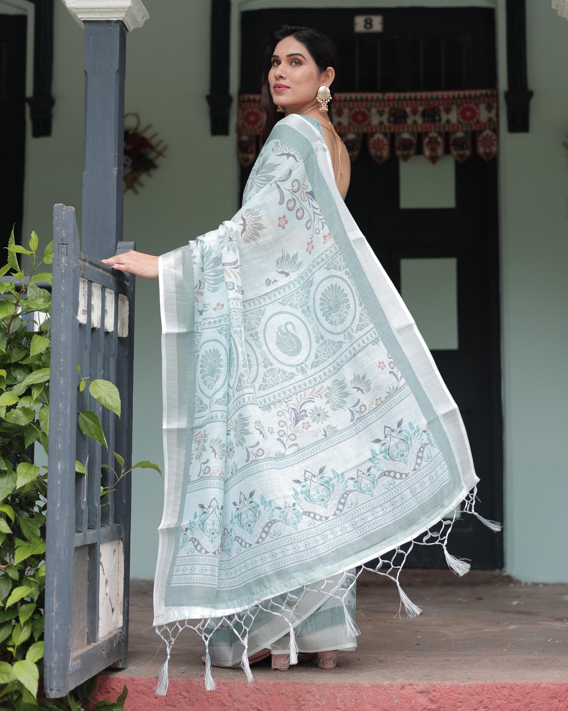 Mint Green Floral Pure Cotton Linen Saree and Tassels With Unstitched Blouse