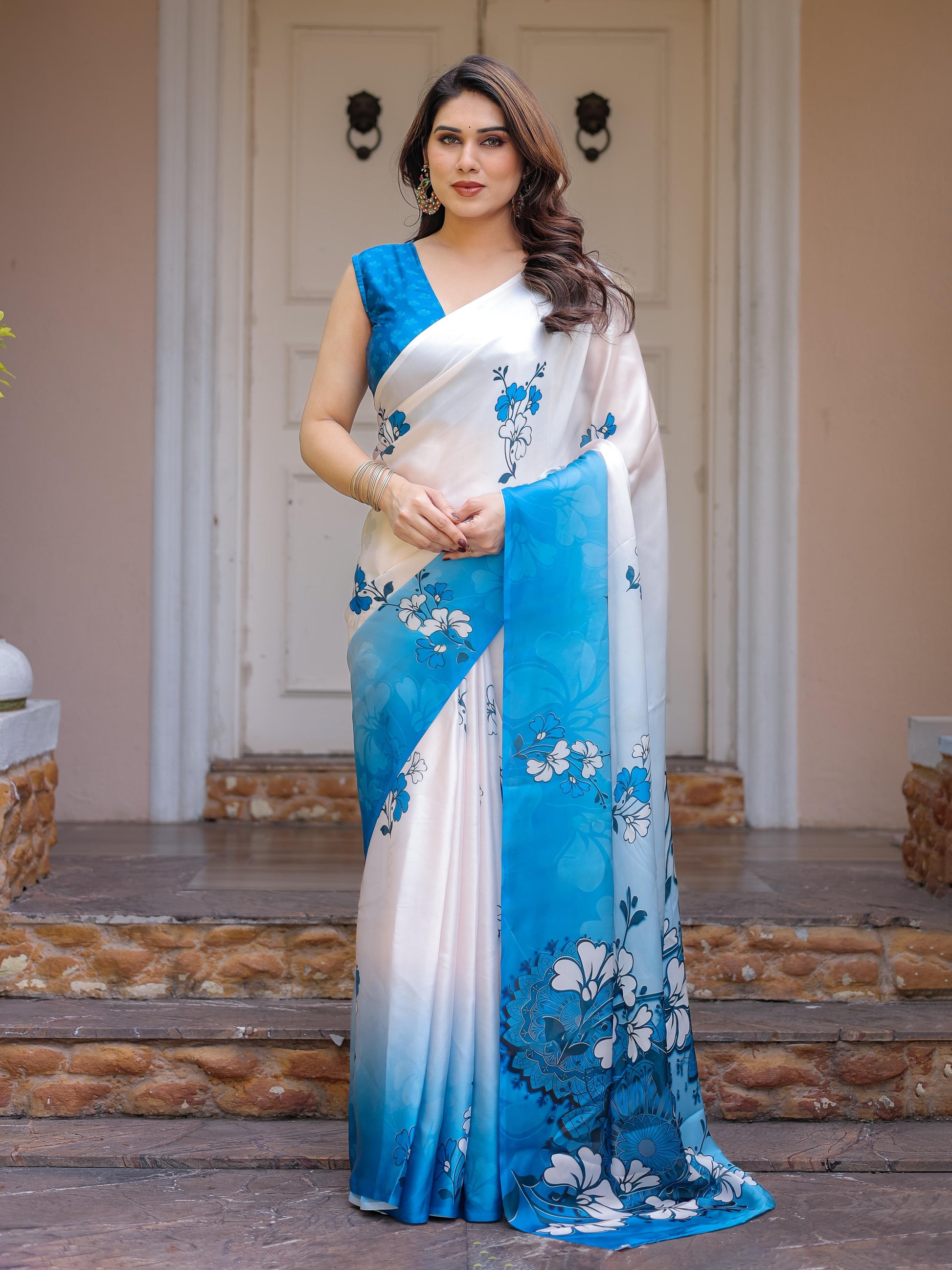 White Blue Floral Printed Satin Georgette Saree for Women with Designer Blouse | Elegant Soft Party Wear Saree