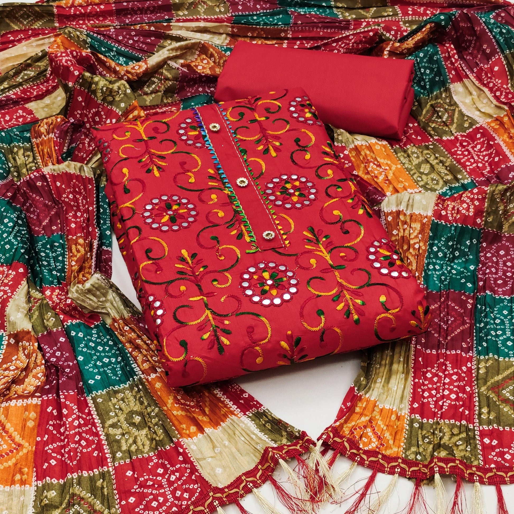 Cotton Dress Material Set for Women with Chinon Bandhani Print Dupatta | Unstitched Salwar Suit Fabric (Top 1.9m, Bottom 2m, Dupatta 2.1m)