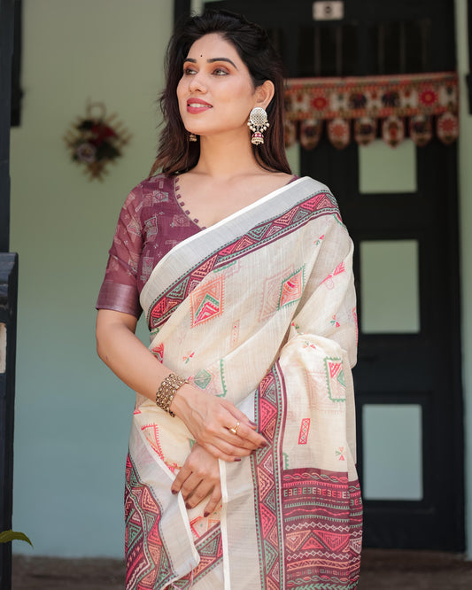 Off-white Pure Cotton Linen Saree Intricate Geometric Pattern and Tassels on Edges With Unstitched Blouse
