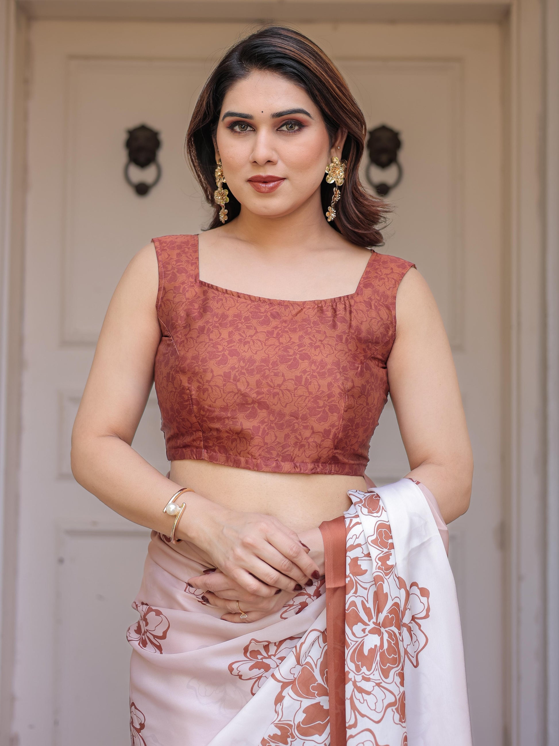Peach Satin Georgette Floral Printed Saree with Rust Blouse for Women | Elegant Designer Party Wear Saree