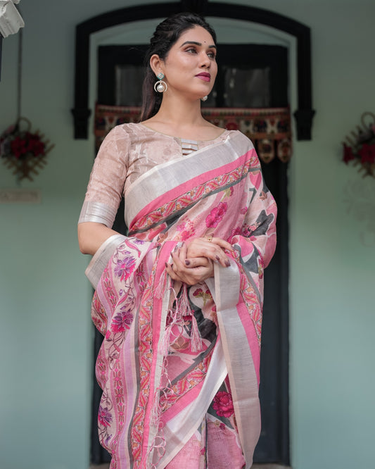 Dusty Pink Linen Floral Printed Saree with Elegant Border and Tassel Detailing with Unstitched Blouse for Women