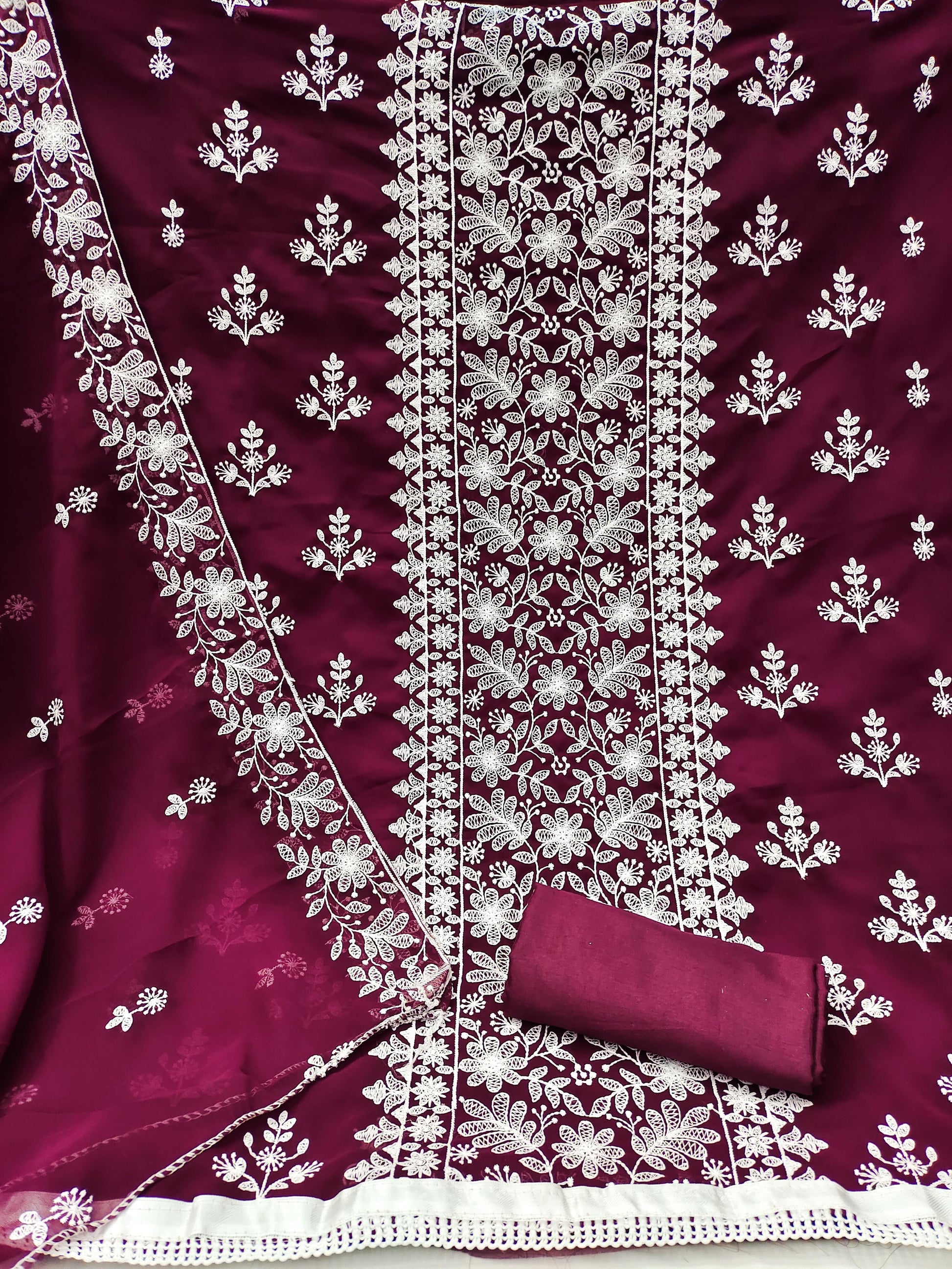 Georgette Embroidery Work Dress Material Set for Women with Santoon Bottom & Inner and Matching Dupatta | Unstitched Salwar Suit Fabric (Top 2m, Bottom & Inner 3.6m, Dupatta 2.1m)