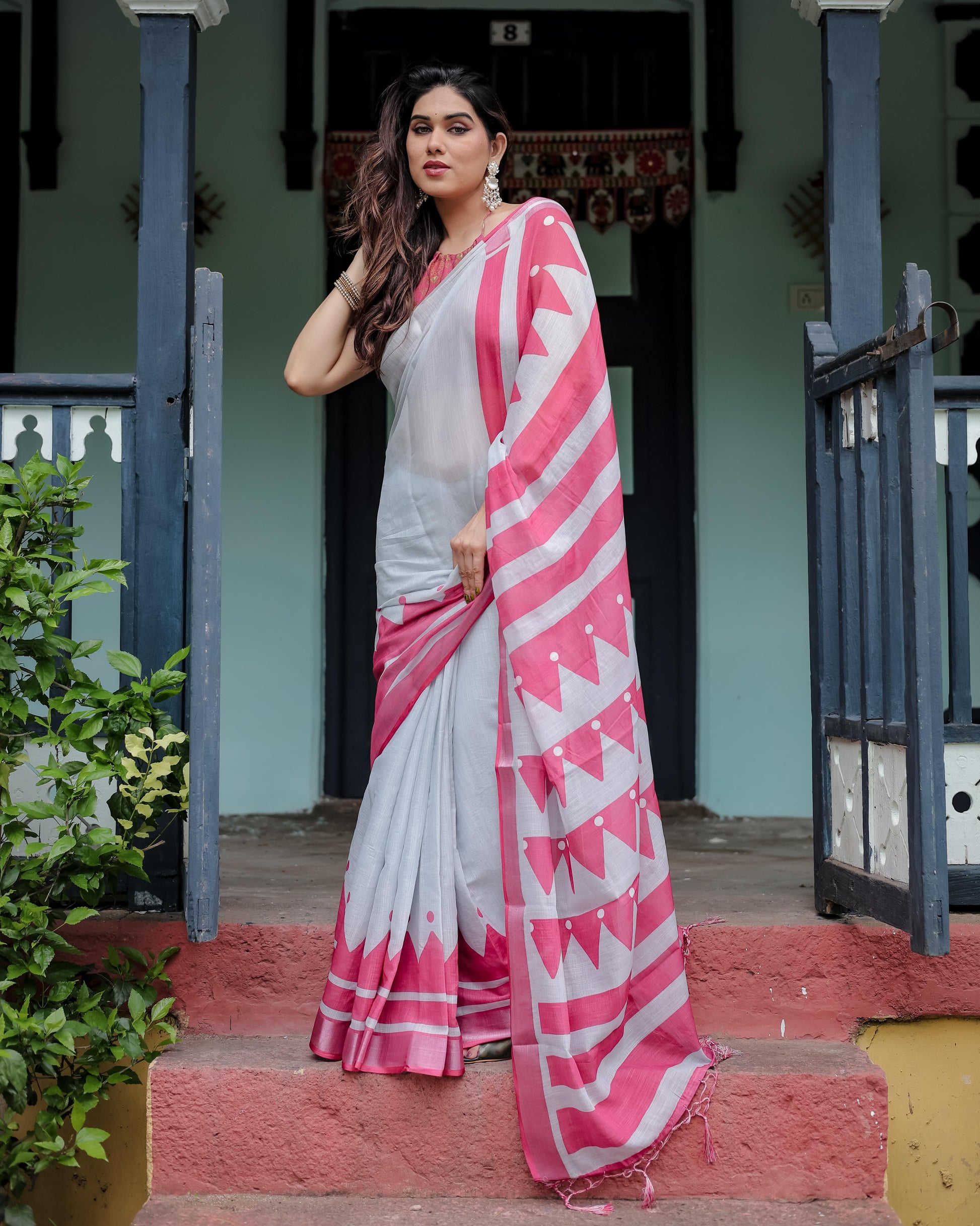 White and Pink Pure Cotton Linen Saree with Geometric Stripes And Tassel Detailing With Unstitched Blouse