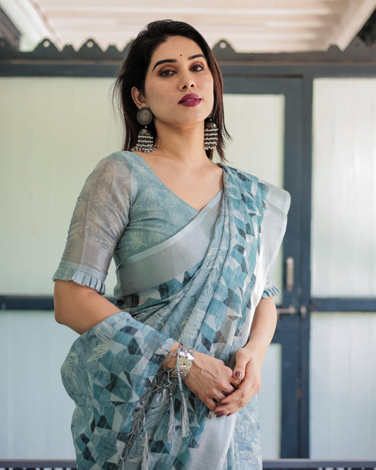 Light Blue Pure Cotton Linen Saree with Geometric and Floral Patterns And Tassels With Unstitched Blouse