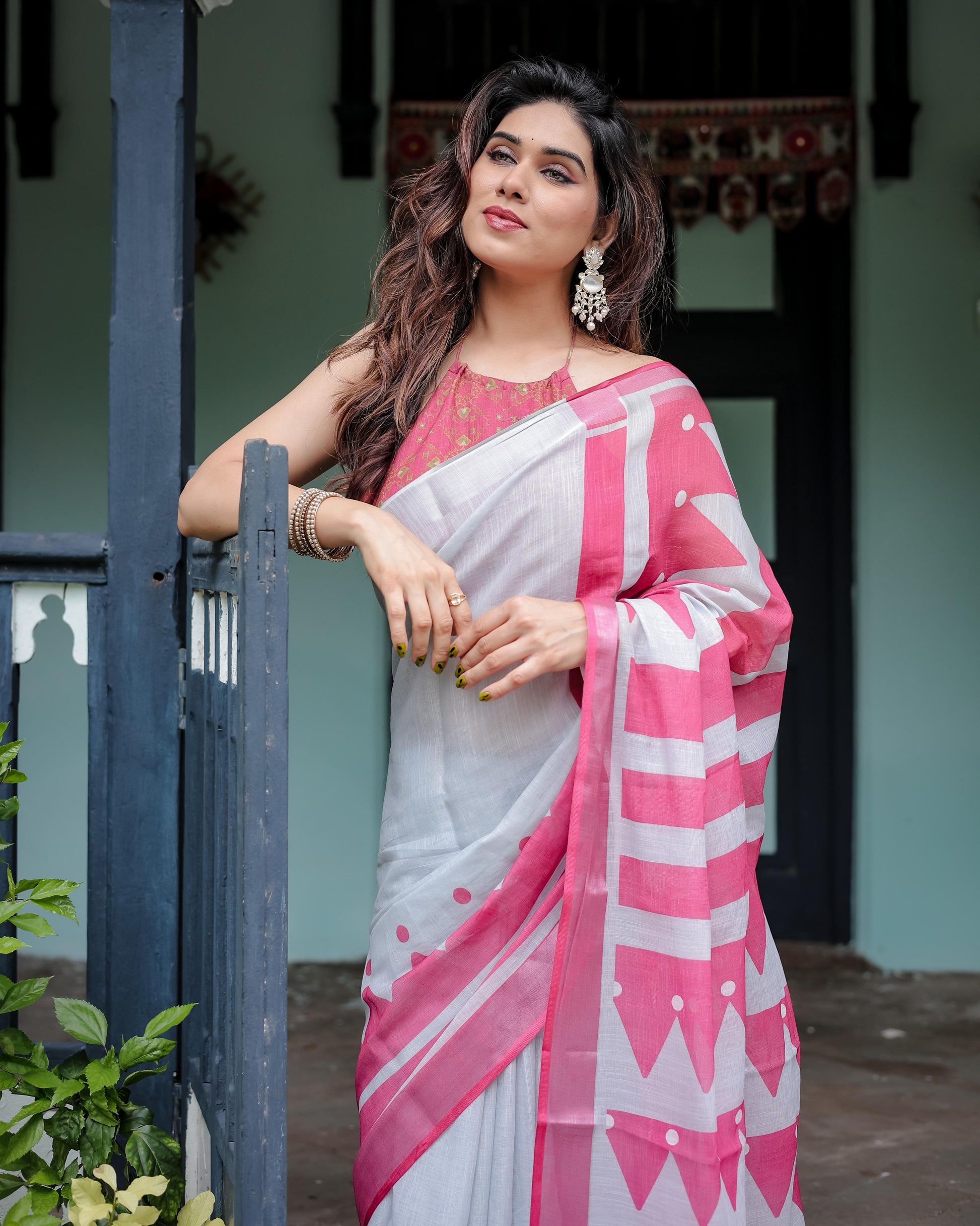 White and Pink Pure Cotton Linen Saree with Geometric Stripes And Tassel Detailing With Unstitched Blouse
