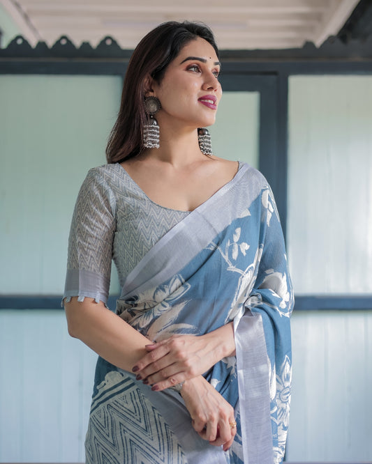 Pastel Blue Floral and Geometric Printed Cotton Linen Saree and Tassel Edges With Unstitched Blouse