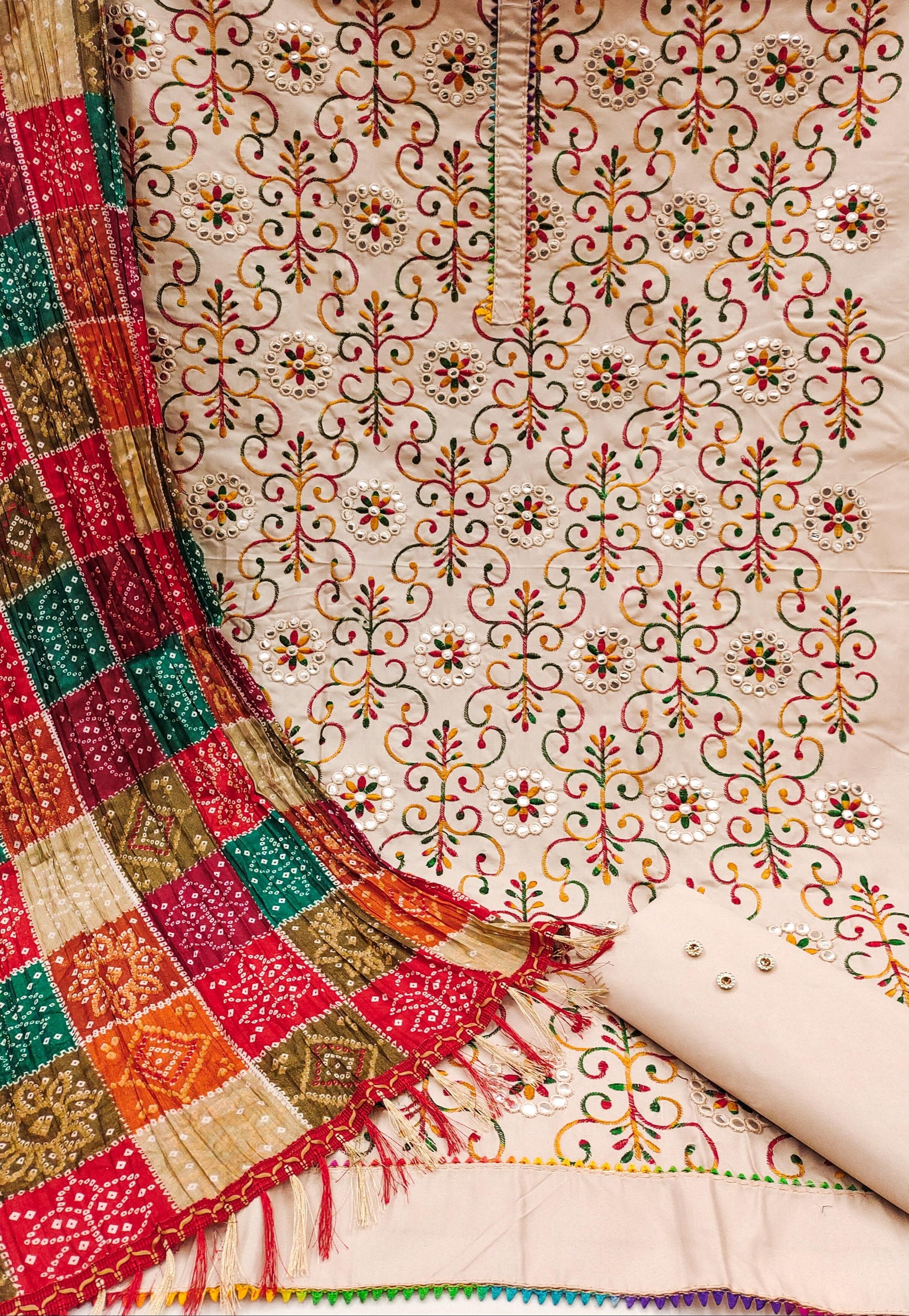 Cotton Dress Material Set for Women with Chinon Bandhani Print Dupatta | Unstitched Salwar Suit Fabric (Top 1.9m, Bottom 2m, Dupatta 2.1m)
