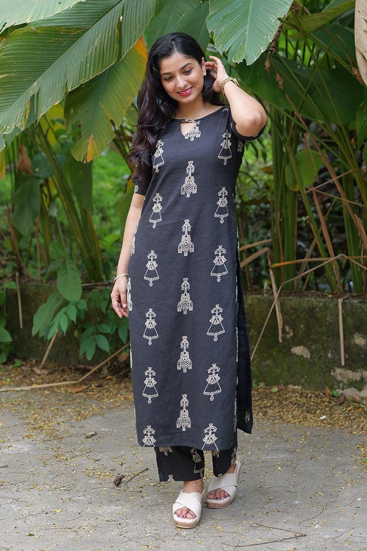 Women's Rayon Slub Hand Print Kurta & Pant Set | Stitched Ethnic Wear for Women