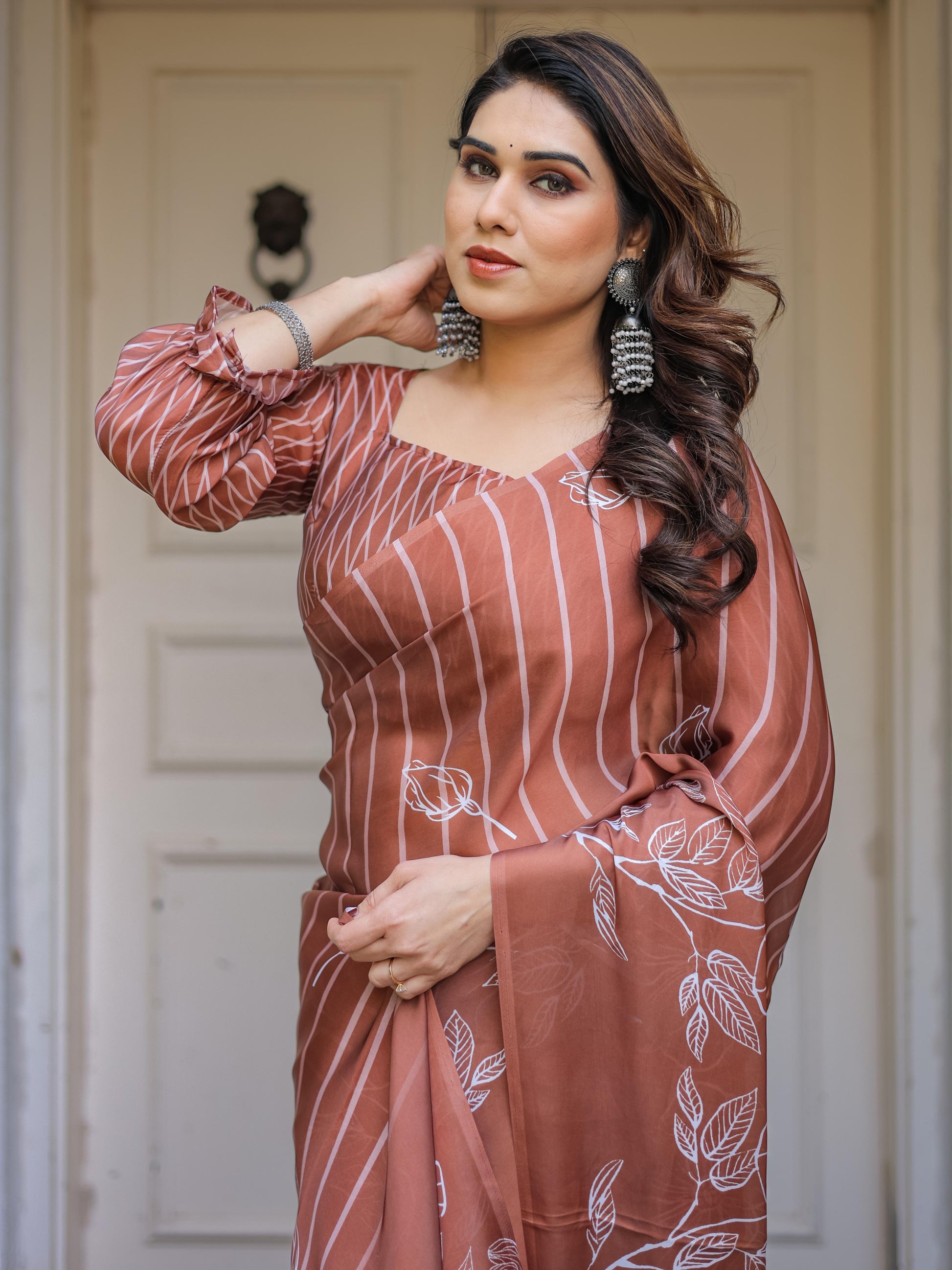 Rust Brown Striped Printed Satin Georgette Saree with Designer Blouse | Elegant Party Wear Saree for Women
