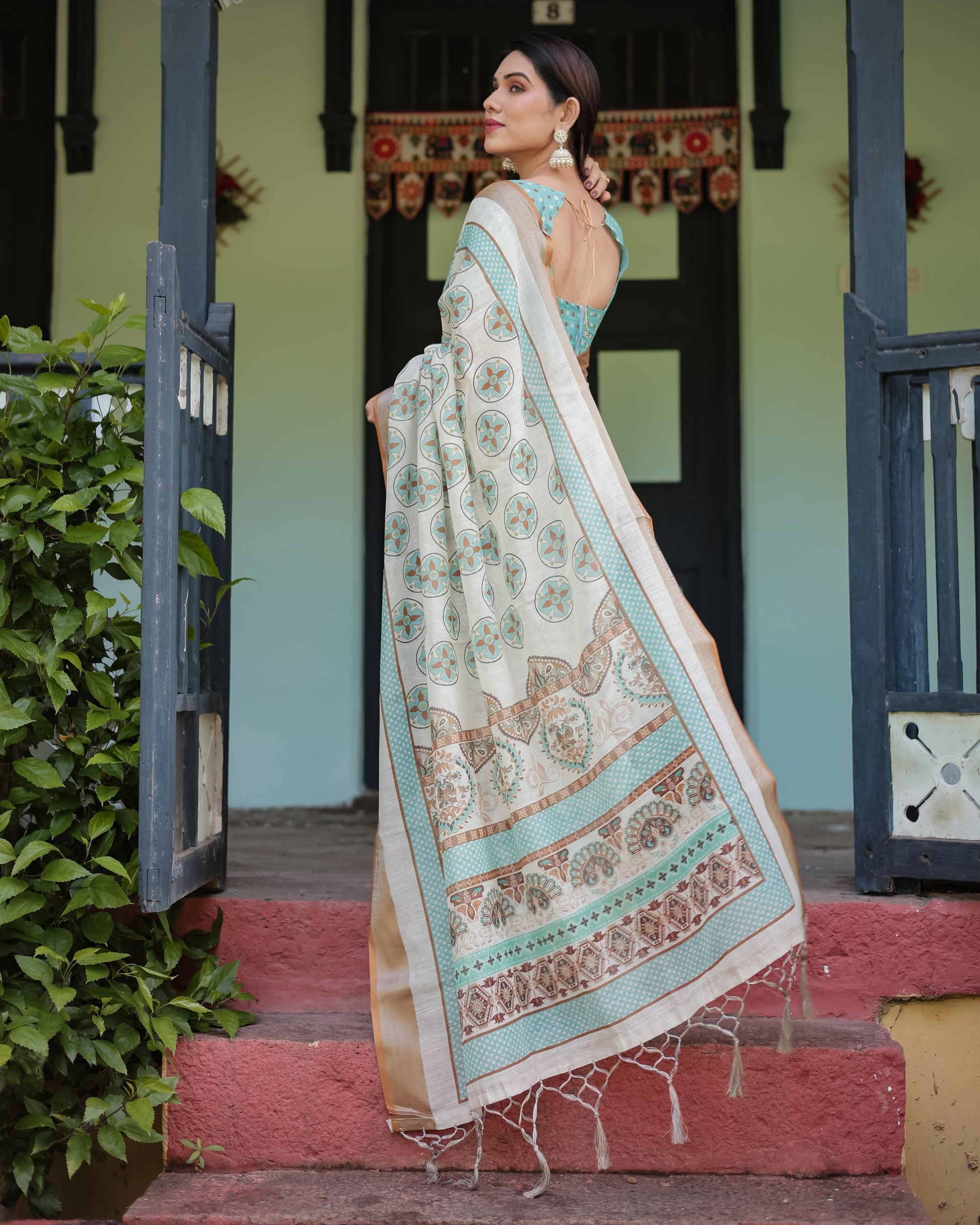 Beige With Aqua Pure Cotton Linen Saree Geometric Floral Design and Tassels on Edges With Unstitched Blouse